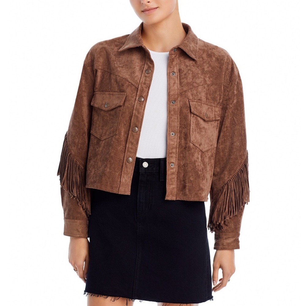 Blank NYC Brown Suede Fringe Cropped Leather Jacket
